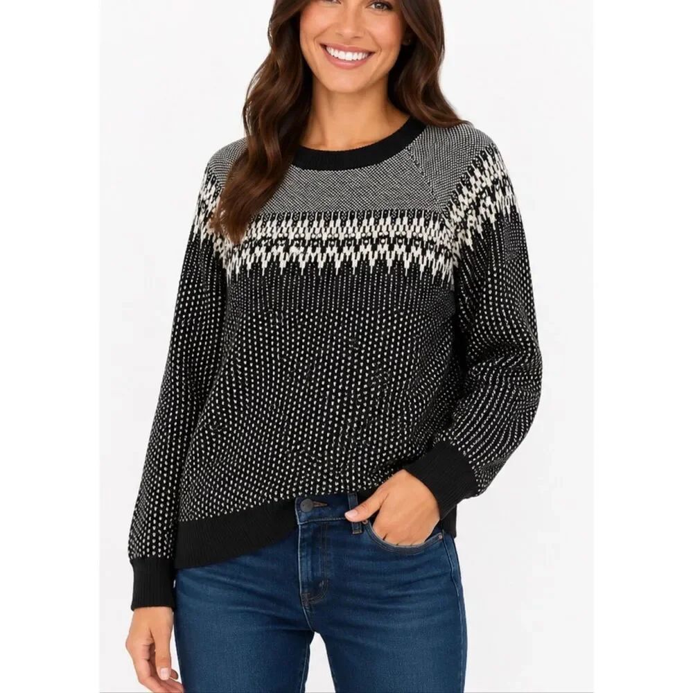 J.Crew black merino wool fairisle crewneck sweater large